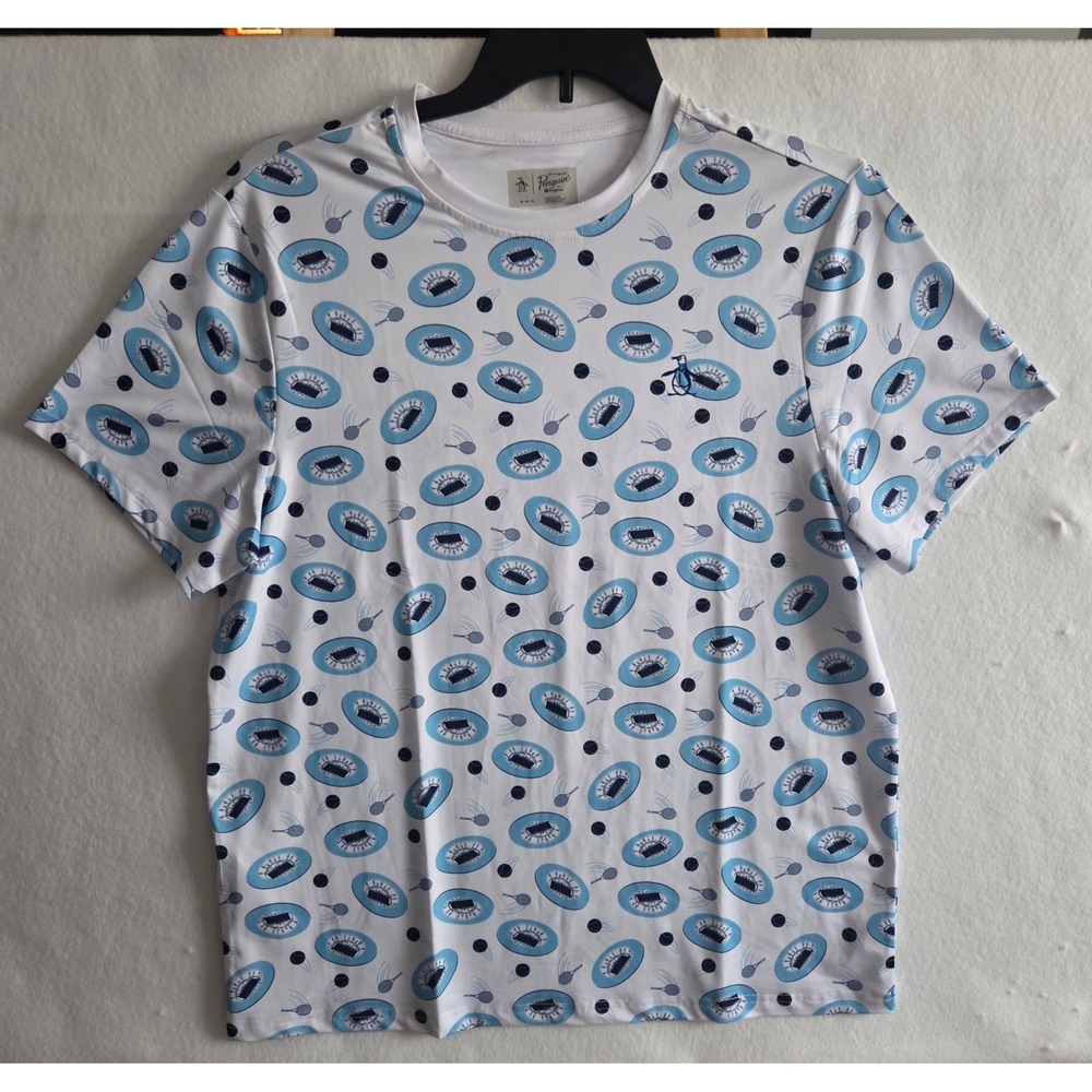 Original Penguin Mens Tennis Stadium Print Performance T-Shirt White Blue Med